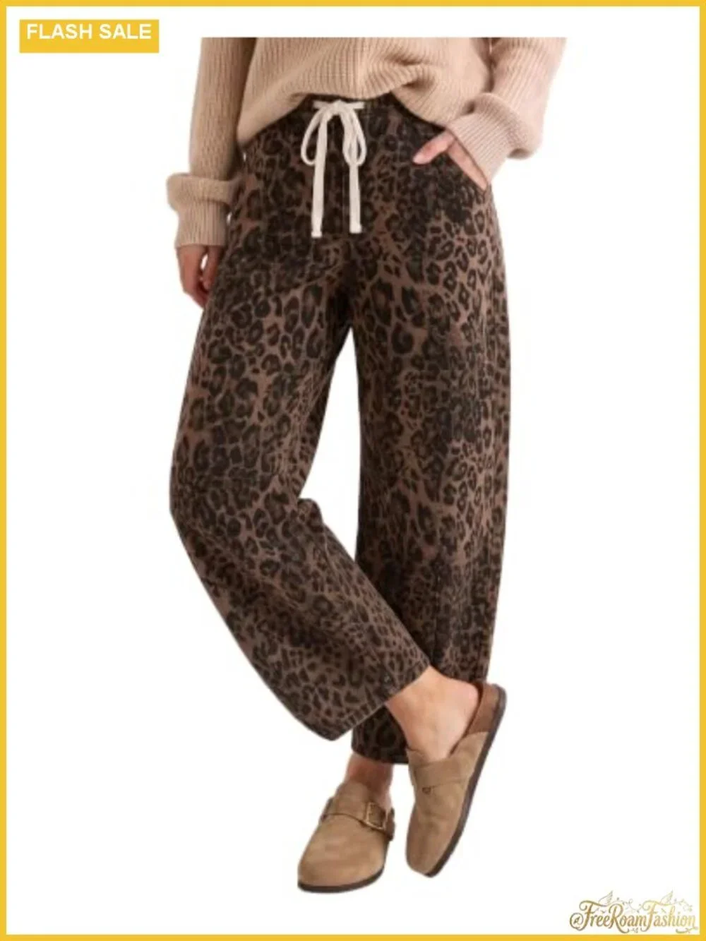 High Waisted Wide Leg Barrel Jeans Women Stretchy Pull On Cheetah Print
